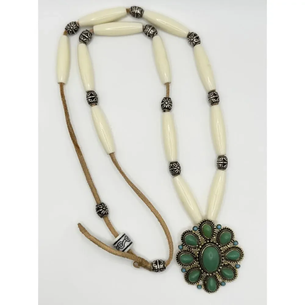 Western Turquoise Statement Pendant Necklace Adjustable Ivory Beads